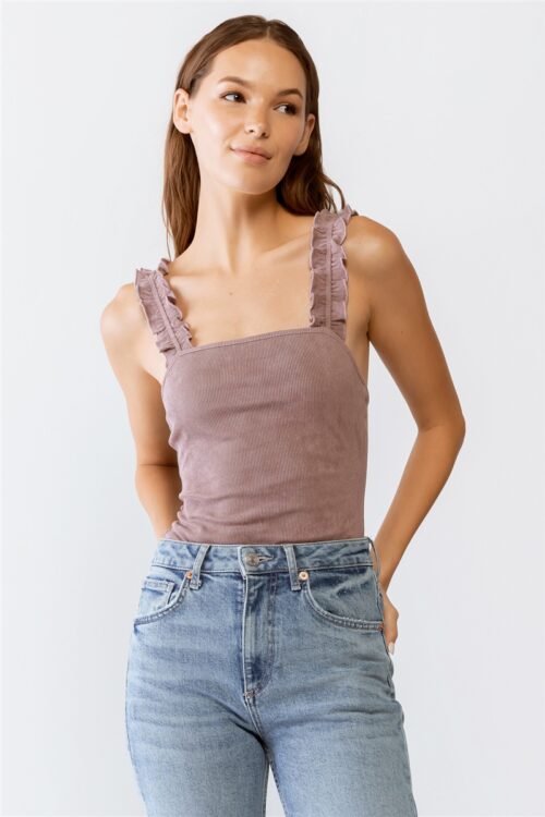 Dusty Purple Ribbed Ruffle Sleeveless Bodysuit