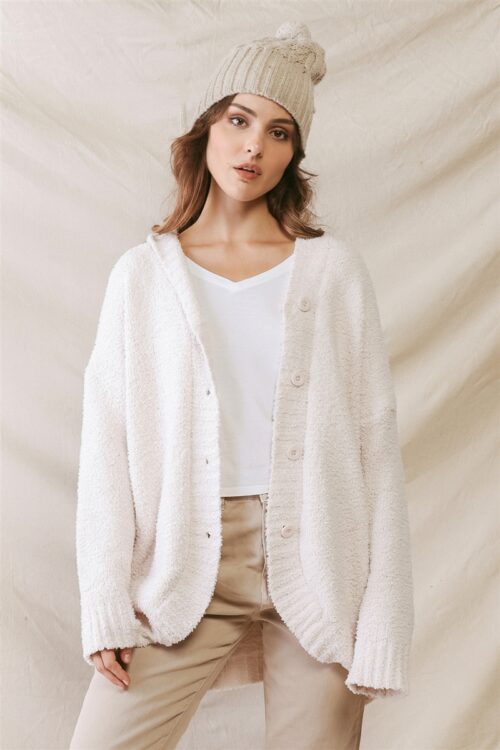 Cream Knit Hooded Two Pocket Button-Up Soft To Touch Sweater Cardigan