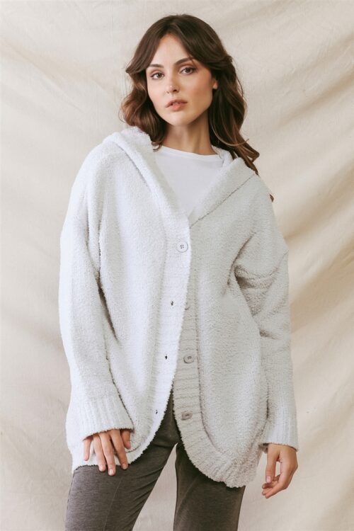 Grey Knit Hooded Two Pocket Button-Up Soft To Touch Sweater Cardigan