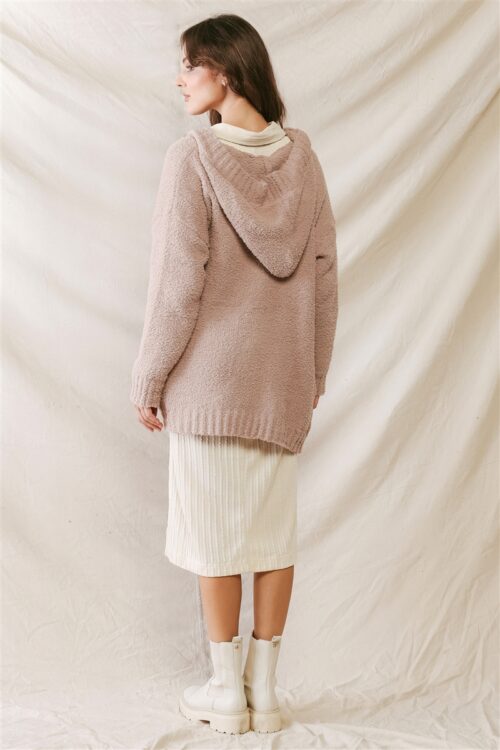 Mocha Knit Hooded Two Pocket Button-Up Soft To Touch Sweater Cardigan