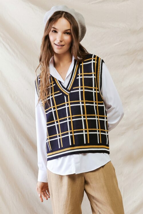 Navy White & Yellow Plaid Knit Sleeveless Vest