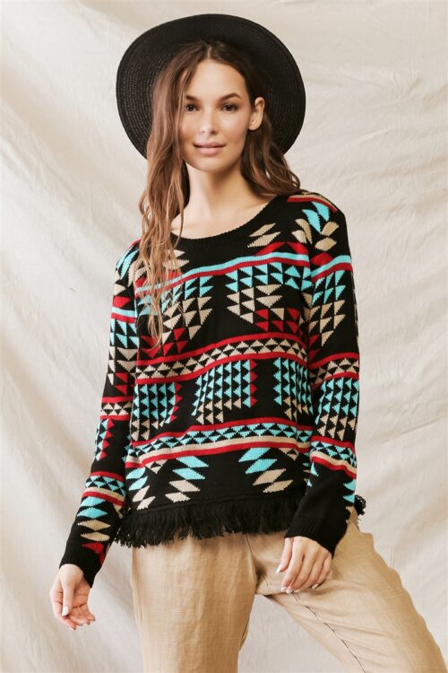 Black Multi Triangular Print Knit Fringe Hem Long Sleeve Sweater