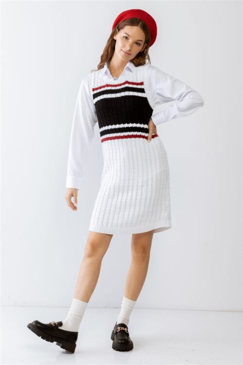 White Colorblocked Cable Knit Sleeveless Mini Dress