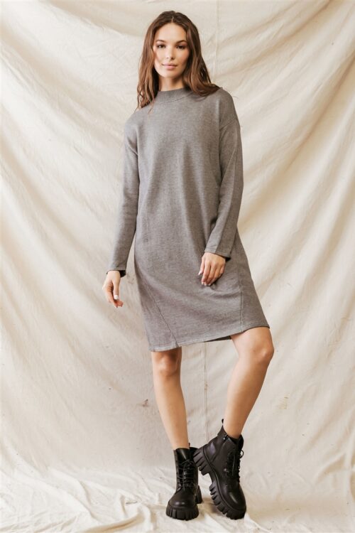 Heather Grey Viscose Blend Knit Long Sleeve Midi Dress