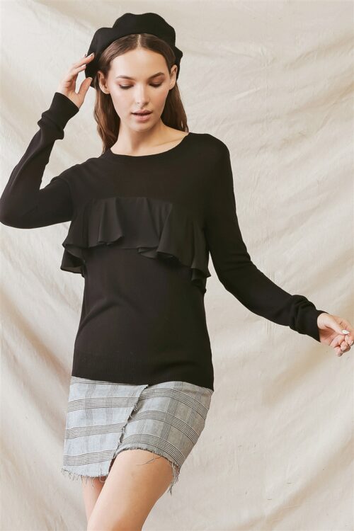 Black Front Flare Detail Long Sleeve Sweater