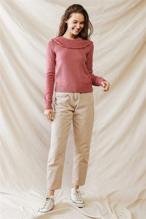 Mauve Knit Collared Neck Long Sleeve Sweater