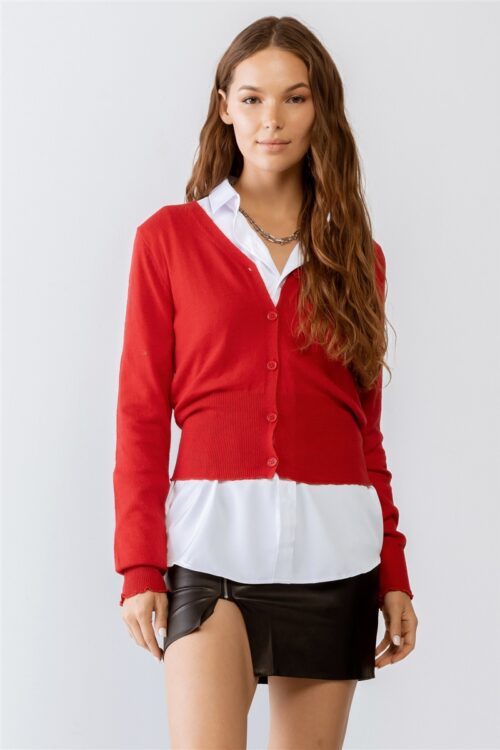 Red Stitch Detail Button-Up V-Neck Long Sleeve Sweater