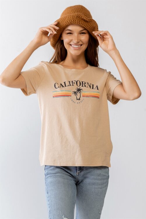 Ivory Cotton & Linen Blend Graphic Print “California” Short Sleeve T-Shirt Top