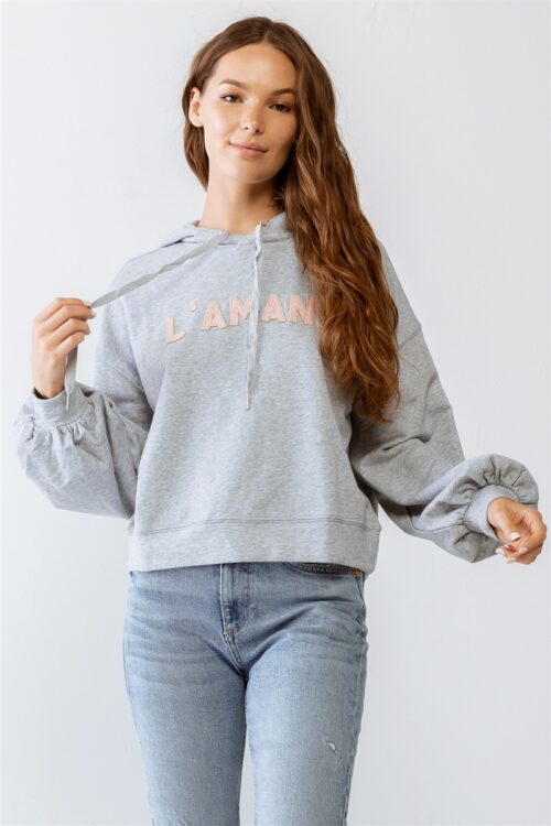 Heater Grey “L’AMANT” Print Long Sleeve Hooded Sweater