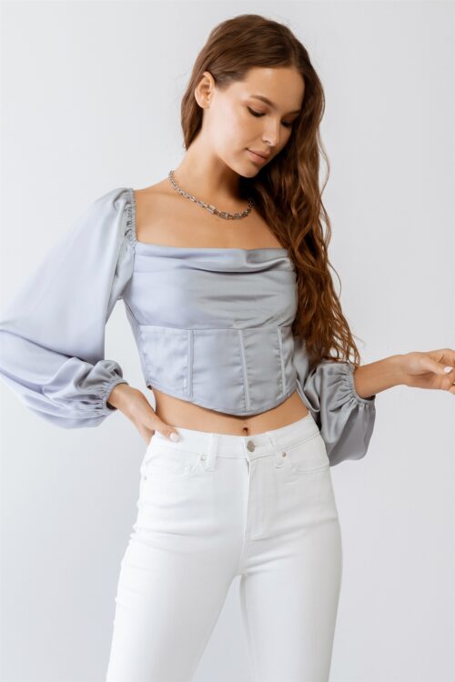 Light Blue Satin Effect Corset Cowl Neck Long Sleeve Crop Top