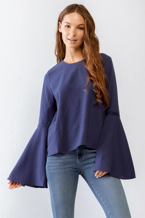 Navy Cotton Waffle Knit Back Button-Up Bell Long Sleeve Top