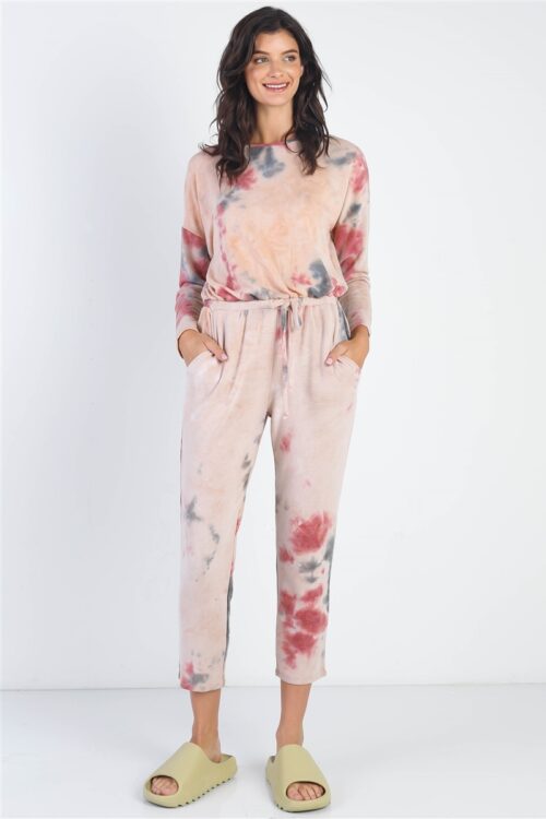 Burgundy Tie-Dye Button Loop Round Neck Long Sleeve Jumpsuit