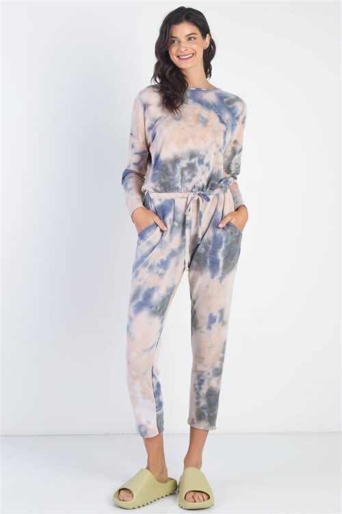 Navy Tie-Dye Button Loop Round Neck Long Sleeve Jumpsuit