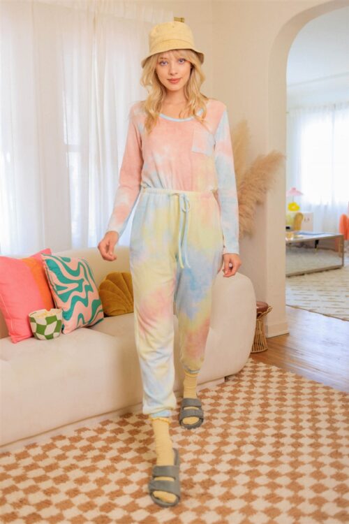 Multi Color Tie-Dye Flannel Long Sleeve Jogger Pants Jumpsuit