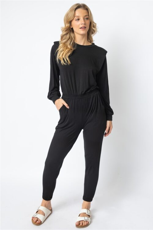 Black Shoulder Pad Long Sleeve Jumpsuit