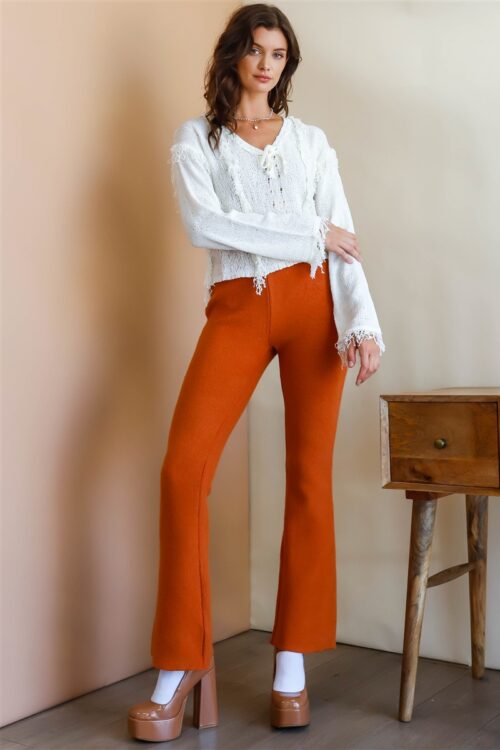 Rust Knit High Waist Flare Leg Pants