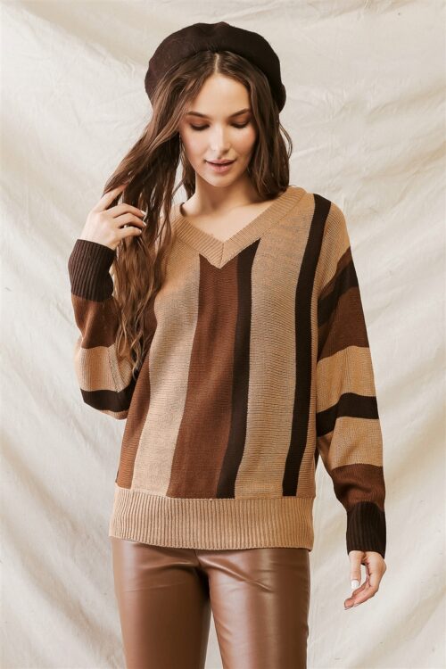 Brown Multi Colorblock Knit V-Neck Long Sleeve Sweater