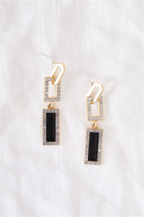 Gold & Black Rhinestone Geo Linked Drop Earrings