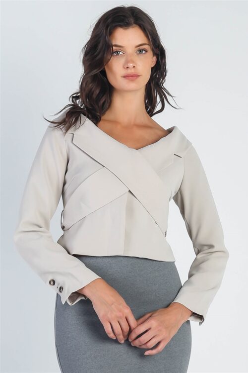 Light Grey Button Up Collared Back Tie Crop Jacket