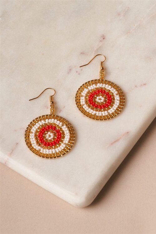 Gold Ivory Red Beaded Disc Drop Earrings