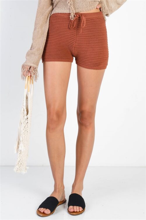 Brown Knit High Waist Shorts