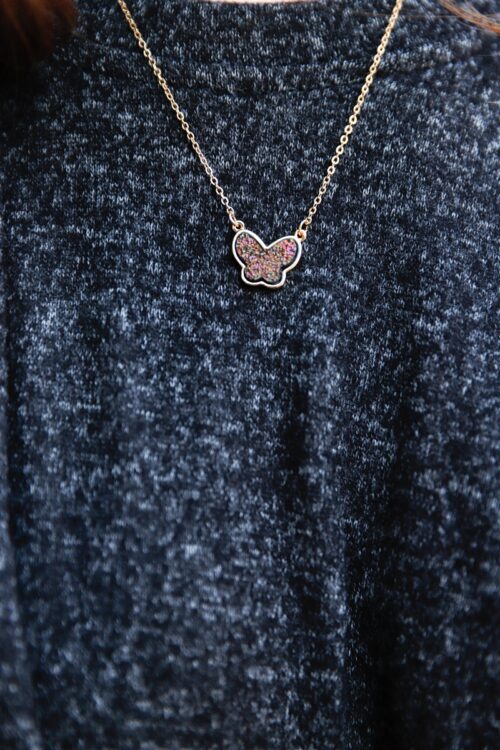 Gold Link Chain With Multi Color Glitter Butterfly Pendant Necklace