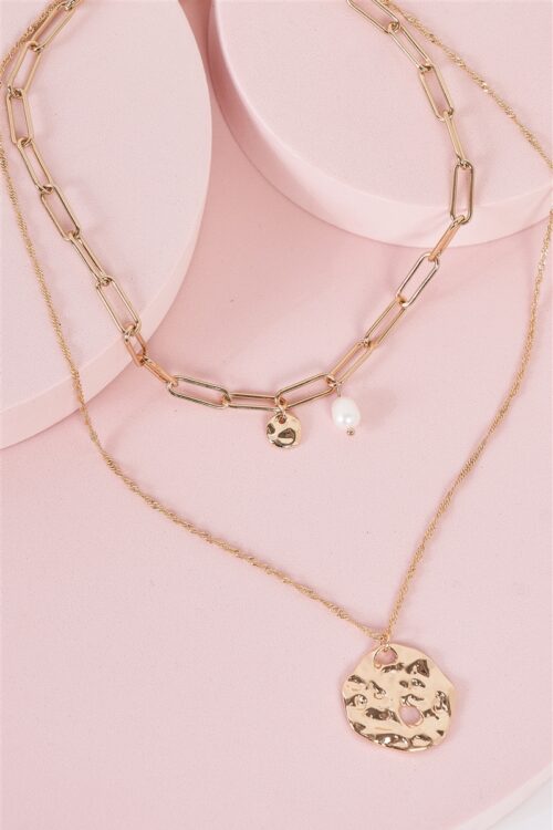 Gold Double Paperclip Chain And Twisted Chain Pearl And Medallion Pendant Necklace