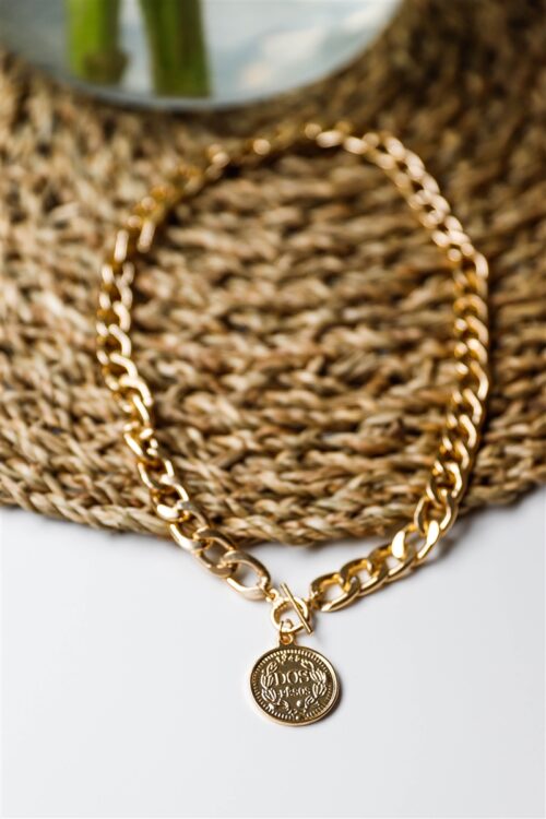 “Dos Pesos” Gold Chunky Link Chain With Double Side Coin Pendant Necklace