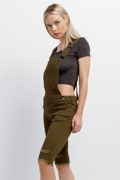 Olive Denim Distressed Detail Raw Hem Cropped Bermuda Overall