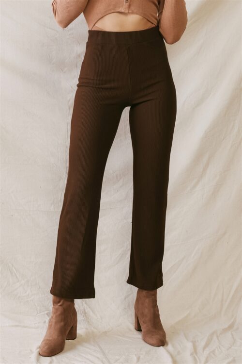 Brown Ribbed High Waist Fitted Pants